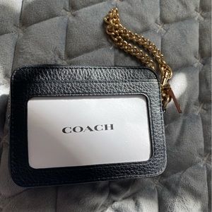 Coach Zip Card Case & ID Window Black Refined Pebble Leather Wrist Strap NWT